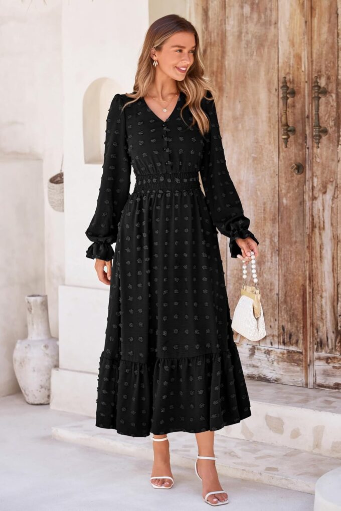 MASCOMODA Women Maxi Dress 2025 Fall Long Sleeve V Neck Swiss Dot Boho Smocked High Waisted A-Line Tiered Flowy Long Dresses – Bild 3