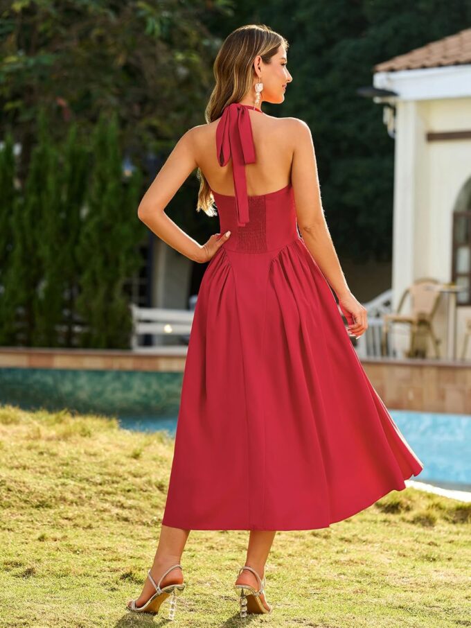 XinFSh Women's Summer Halter Midi Dress Casual Sleeveless Flowy Corset Dresses Sweetheart Milkmaid Beach Vacation Sundress – Bild 4