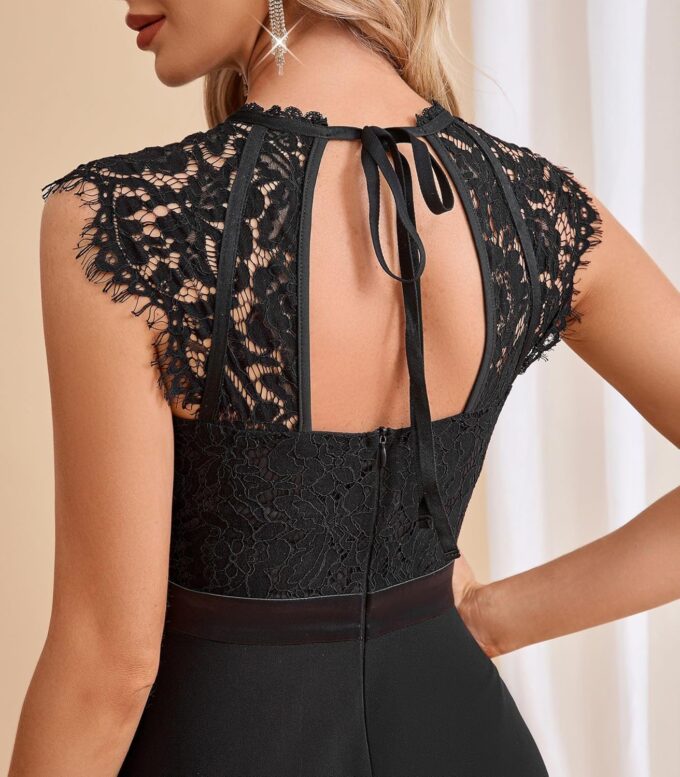 Cololura Women Elegant Sexy Sleeveless Lace Floral Patchwork Ruffle Hem Formal Party A-Line Cocktail Midi Dress – Bild 6