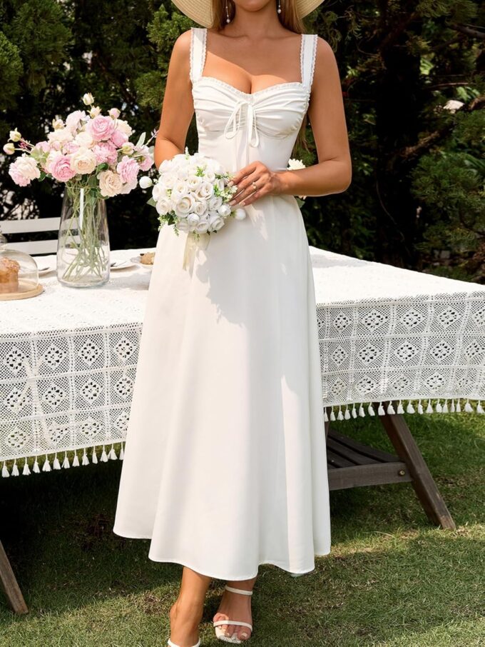 KUTUMAI Floral Corset Midi Dresses for Women 2025 Lace Up Flowy Summer Wedding Guest Dress with Pockets – Bild 5