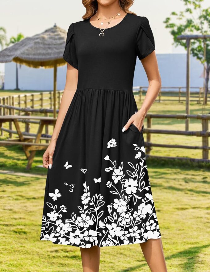 Zeagoo Women Summer Short Sleeve Midi Dress with Pockets Casual Aline Flowy Tshirt Dress Floral Vocation Beach Sundress – Bild 3