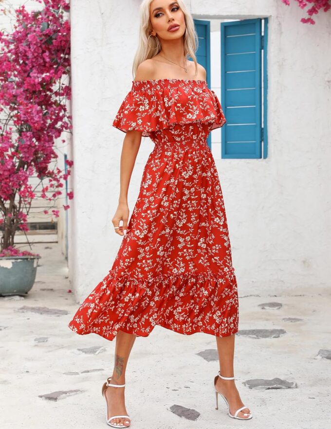 Prettywear Women's 2025 Spring Summer Boho Off Shoulder Midi Dress Floral Short Sleeve A Line Casual Beach Vacation Dresses – Bild 2