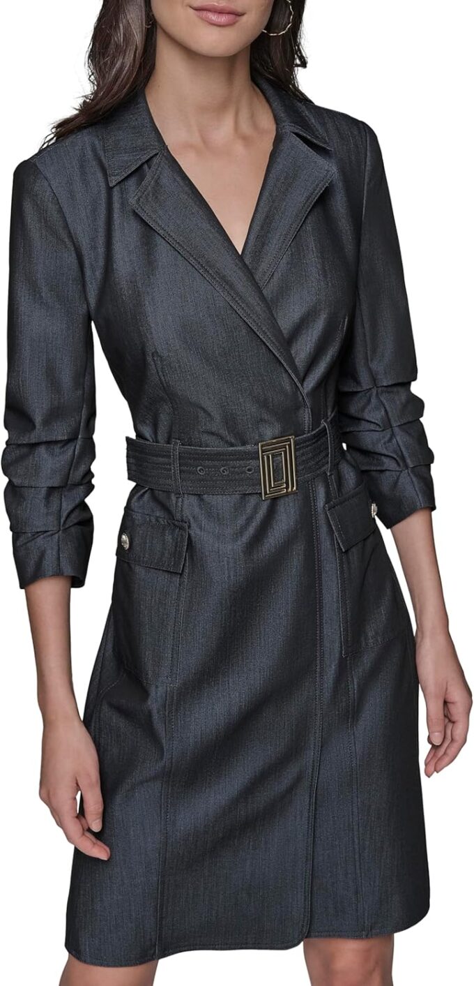 KARL LAGERFELD Women's Collared Belted Long Sleeve Midi Dress
