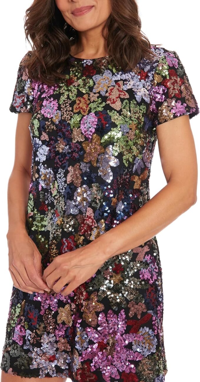 London Times Women's Sequin Floral Shift Short Sleeve Round Neck Above Knee Length Cocktail Party Wedding Guest Dresses – Bild 5