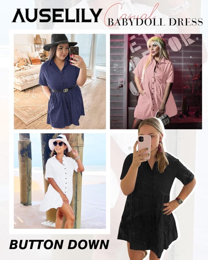 AUSELILY Women's Summer Babydoll Dress Casual Short Sleeve Sundress Button Down Dresses with Pockets 2025 New – Bild 7