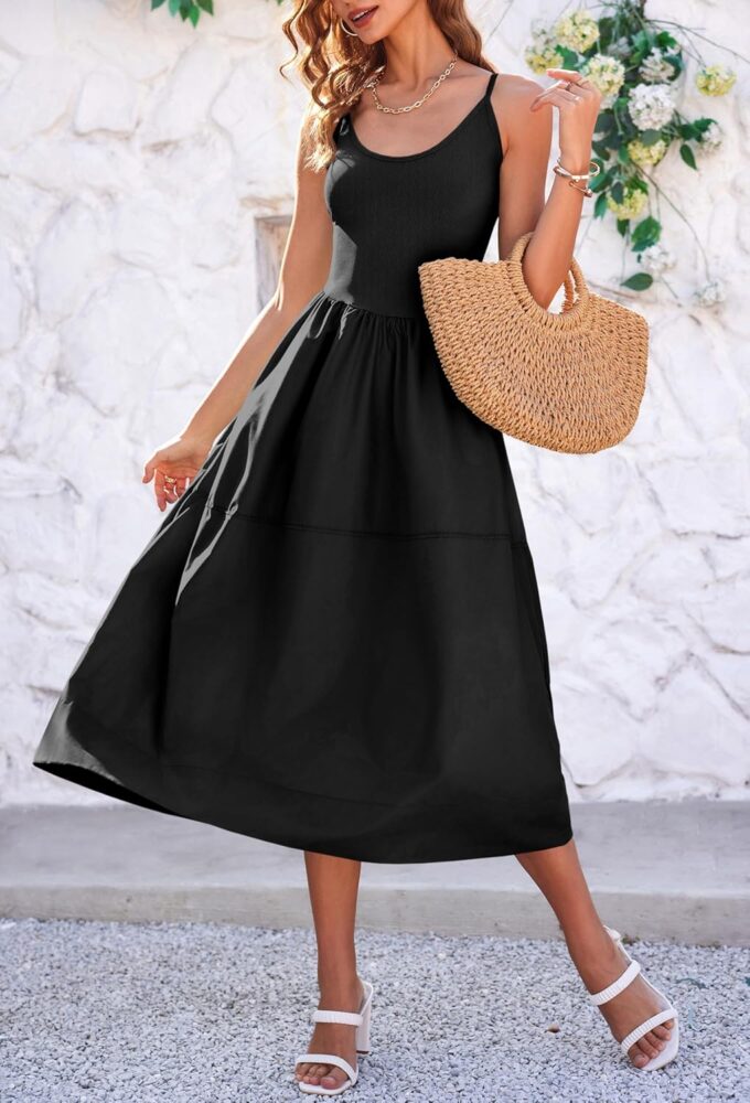 Fisoew Womens Spaghetti Strap Dress V Neck Backless Summer Casual A Line Cami Dress with Pocket – Bild 3