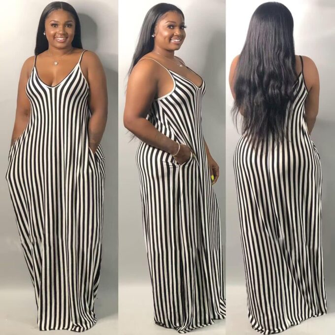 BFFBABY Womens Summer Suspender Maxi Dress Plus Size Striped Printed Sleeveless with Pockets and Belt – Bild 4