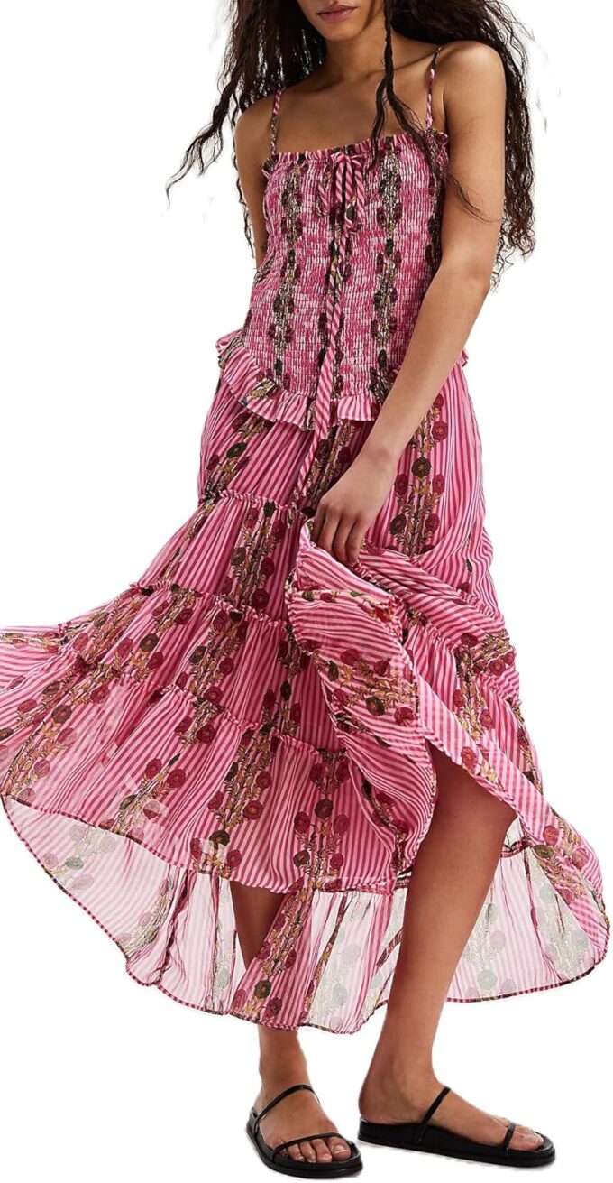 Women Y2k Boho Maxi Dress Y2k Floral Spaghetti Strap Long Dress Flowy Layered Sundress Going Out Beachwear
