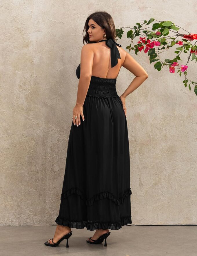 Women's Summer Sundress Sleeveless Halter V Neck Boho Floral Maxi Dress Elastic Waist Ruffle Spring Vacation Outfits – Bild 4