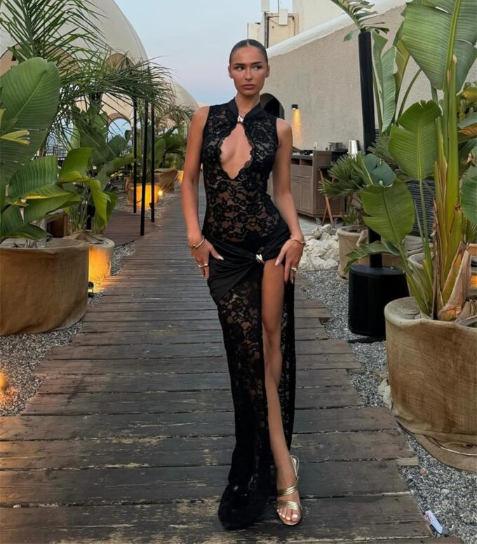 JUMISEE Women’s Sexy High Slit See Through Lace Maxi Dress Sleeveless Hollow Out Bodycon Cocktail Dress Evening Gown – Bild 2