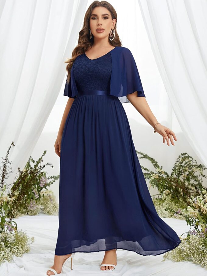 Knitee Women's Plus Size Half Sleeves Cape Dress Lace Chiffon V Neck Evening Party Maxi Dress – Bild 4