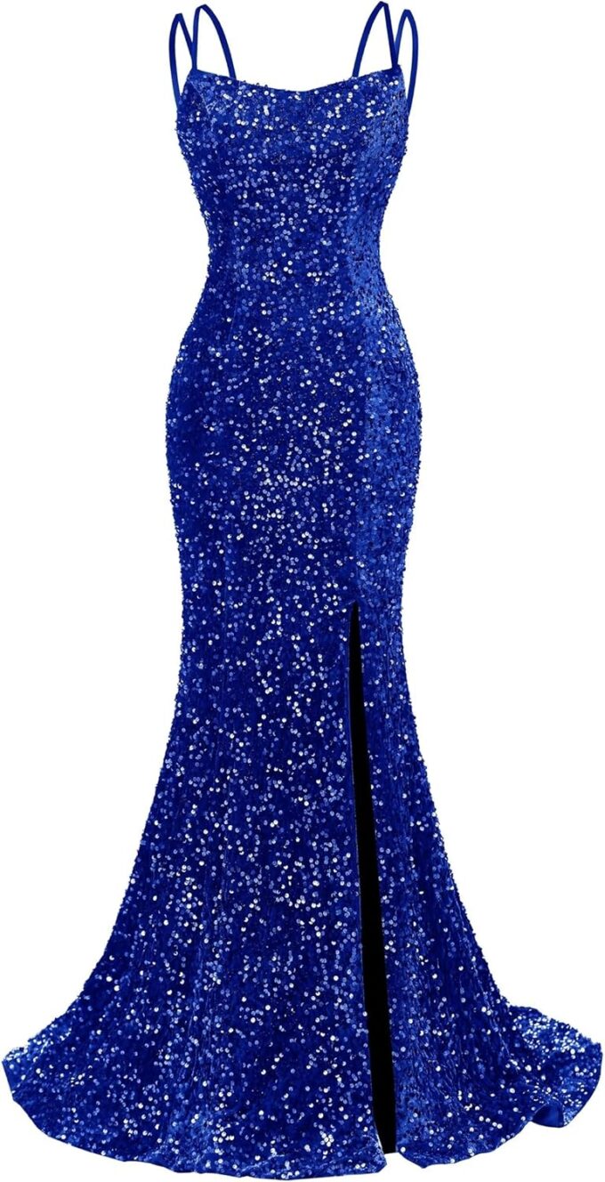 Sequin Mermaid Prom Dresses for Women 2025 Spaghetti Straps Formal Dress with Slit Long Sparkly Evening Party Gowns