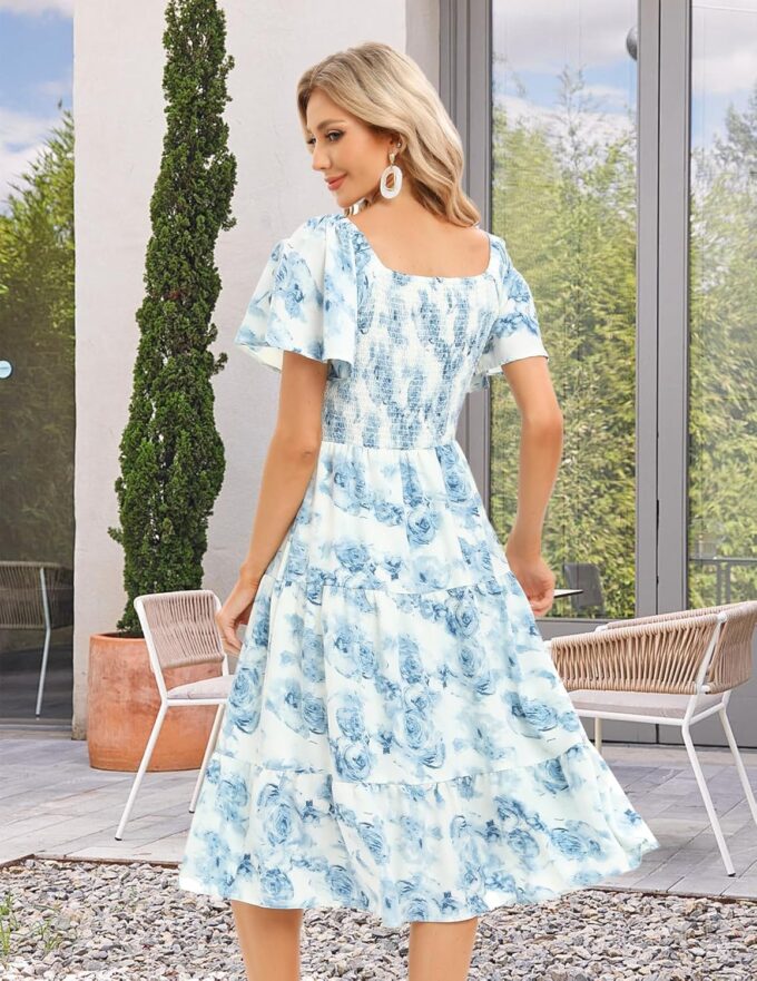 Bbonlinedress Womens Casual Floral Summer Smocked Beach Party Boho Midi Square Neck Dress – Bild 3