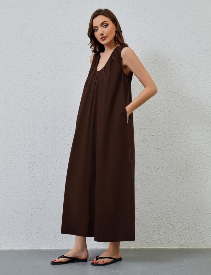 Women Flowy Maxi Dress Ruched Sleeveless Long Dress Vacation Fashion Summer Casual Loose Fit Sundress with Pockets – Bild 5
