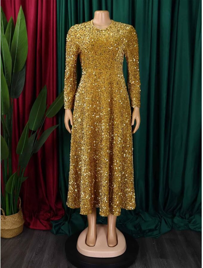 SOMTHRON Women's Sequin Dress Plus Size Long Sleeve A-Line Flared Party Cocktail Sparkle Glitter Evening Shiny Maxi Dress – Bild 3