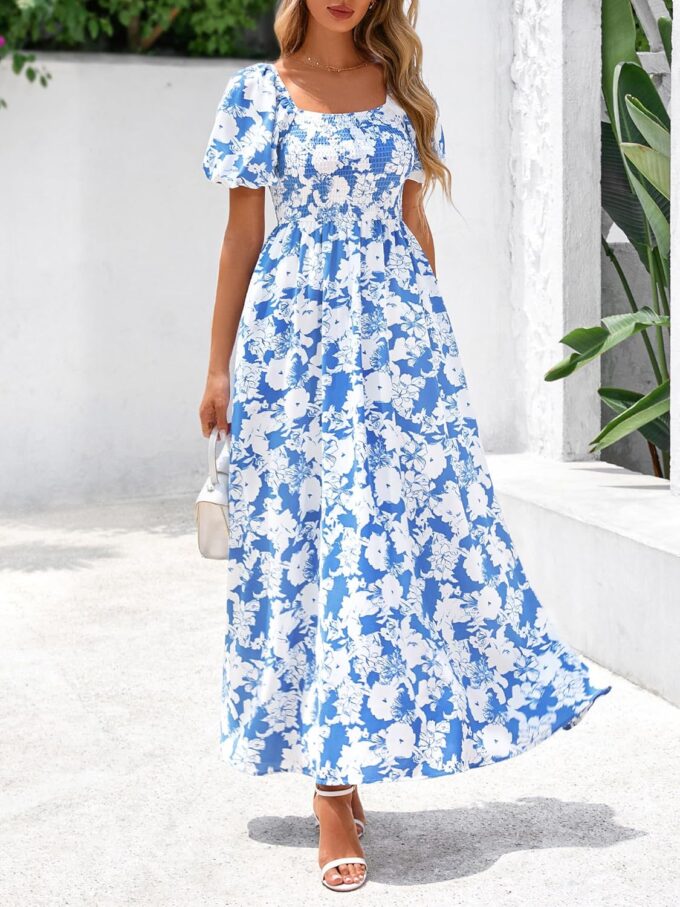 BTFBM Womens Summer 2025 Casual Maxi Dresses Short Sleeve Smocked Tiered Floral Boho Long Beach Dress with Pockets – Bild 4