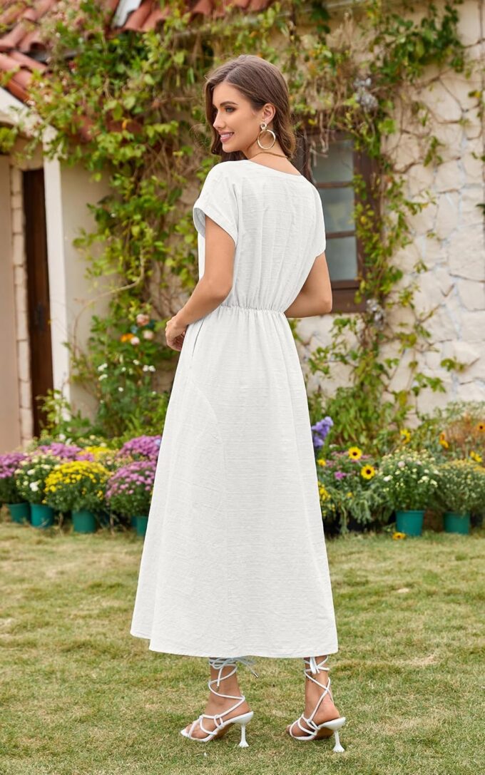 ECOWISH Women Cotton Midi Dress: 2025 Button V Neck Casual Summer Dresses Short Sleeve A-Line Shirt Long Dress with Pockets – Bild 3