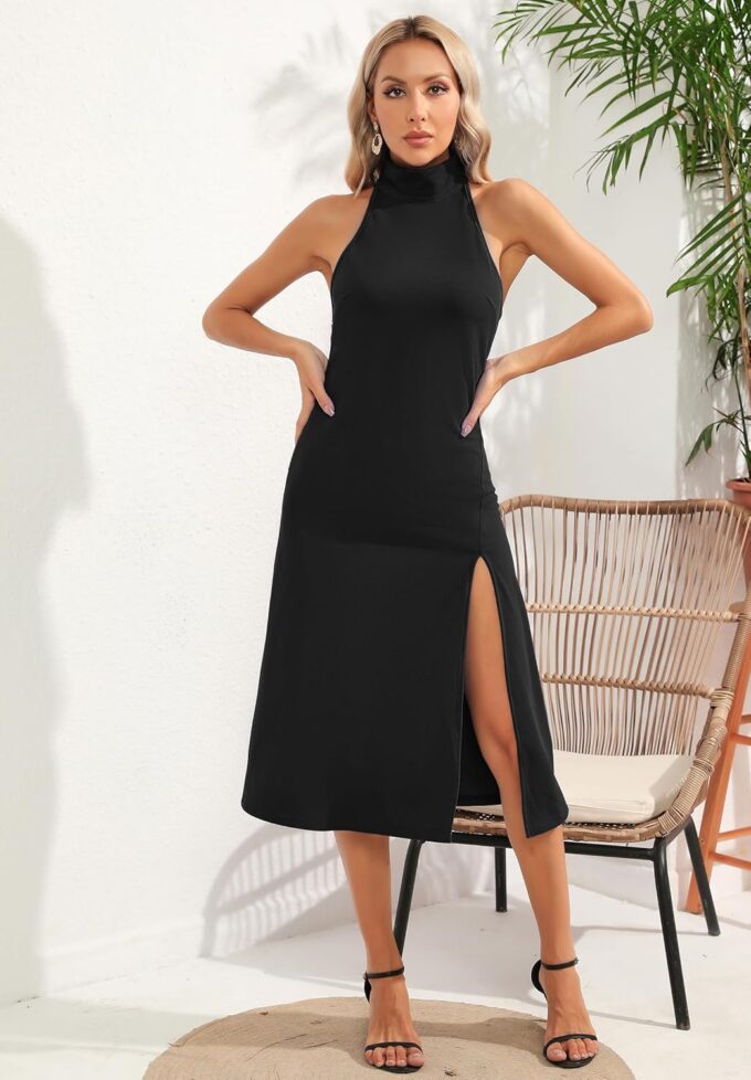 ALENDA DANMOS Women's Sleeveless Bodycon Halter High Neck Midi Dress Thigh High Slit Cocktail Party Dress 193 – Bild 3