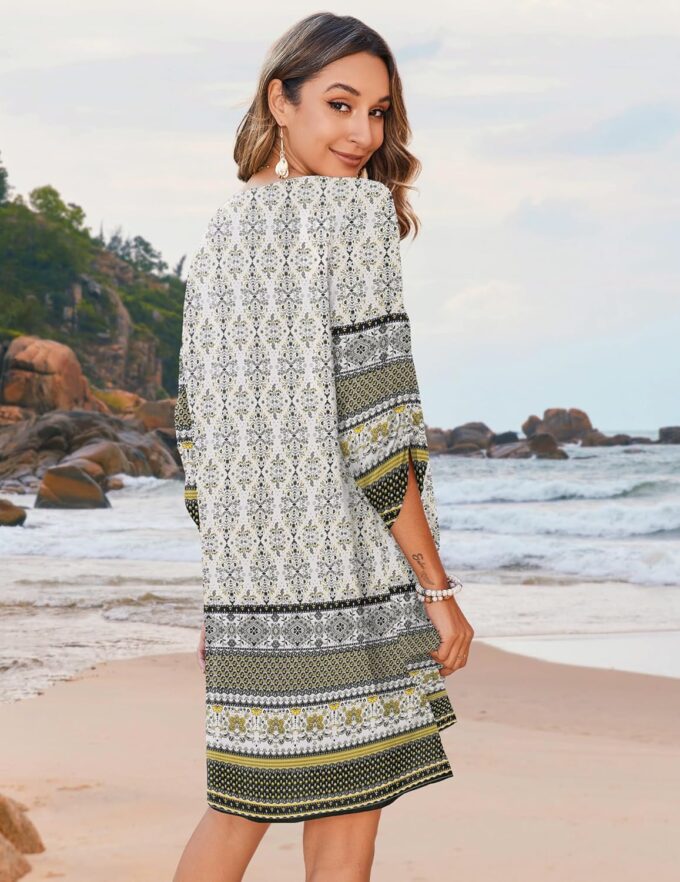 Zeagoo Womens Boho Dresses Casual Beach Summer Dress Tassel Tie Neck 3/4 Long Sleeve Mini Sundress 2025 Floral Print Cover Up – Bild 3