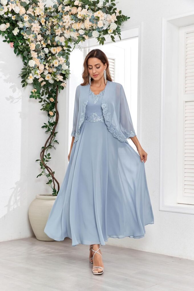 Women's 2 Piece Chiffon Mother of The Bride Dresses with Jackets for Wddding Ankle Length Lace Formal Dress – Bild 5