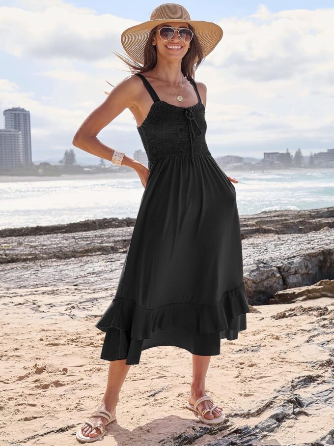 Caracilia Women's Smocked Maxi Dress Summer Casual Boho Sleeveless Strap Ruffle Backless Swing Flowy Beach Long Sundress – Bild 6