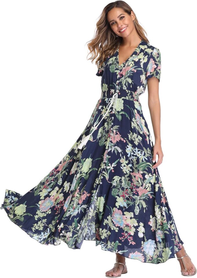 VintageClothing Women's Floral Maxi Dresses Boho Button Up Split Summer Casual Long Dress Beach Party Dress