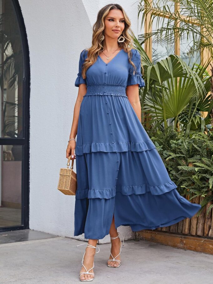 Amegoya Women's V Neck Long Sleeve Boho Maxi Dress Summer Wedding Guest Long Flowy Engagement Dresses – Bild 3