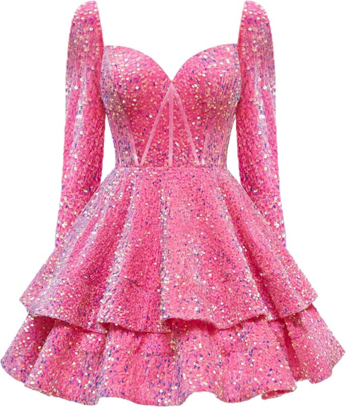 GUKARLEED Sequin Homecoming Dresses for Teens Long Sleeve HOCO Party Gowns Tiered Sparkly Sweetheart Neck Short Prom Dresses