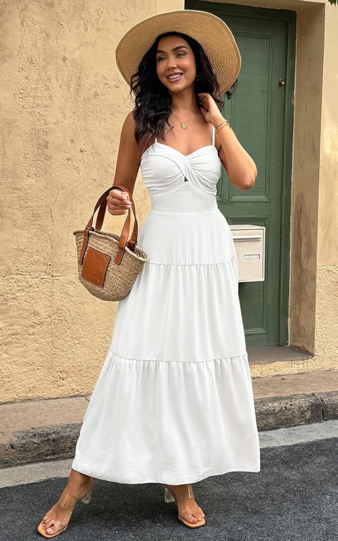 ECOWISH Women's Summer Strapless Maxi Dress 2025 Off Shoulder Hollow Out Smocked A Line Tube Tiered Long Dresses – Bild 6