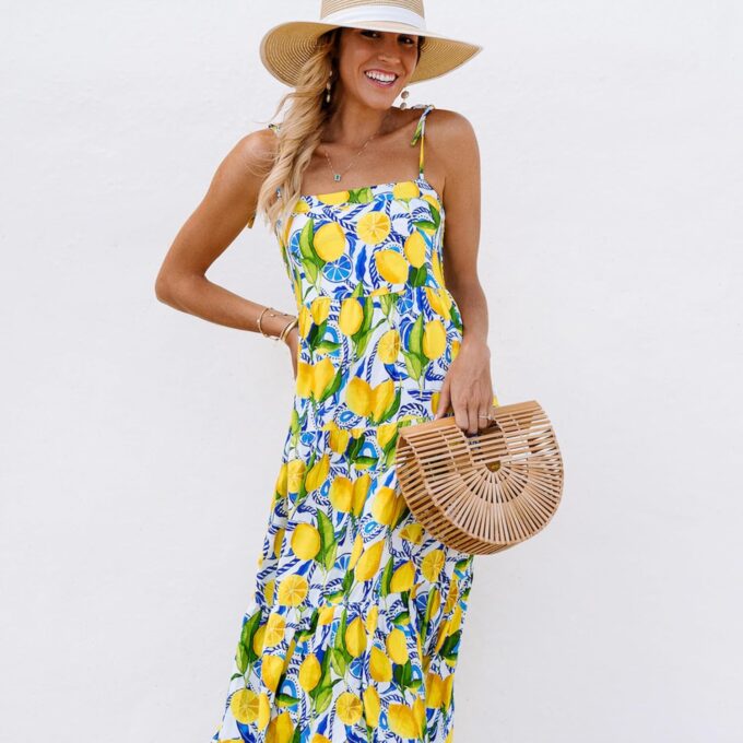 Women's Resort Dress, Organic Rayon Maxi Dress, Smocked Back, Adjustable Tie Straps, and Flowy Tiered Bottom – Bild 7