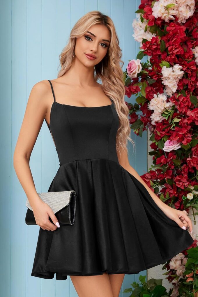 Satin Mini Homecomg Dress for Teens Short Backless with Pockets Spaghetti Strap Cocktail Dress – Bild 2