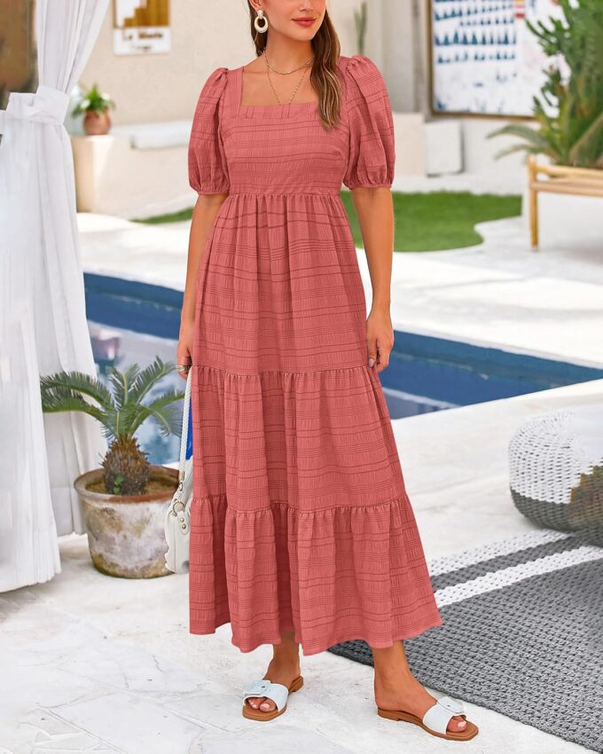 PRETTYGARDEN Women's Summer Dresses 2025 Puff Sleeve Square Neck High Waist Smocked A-Line Flowy Loose Fit Midi Dress – Bild 4