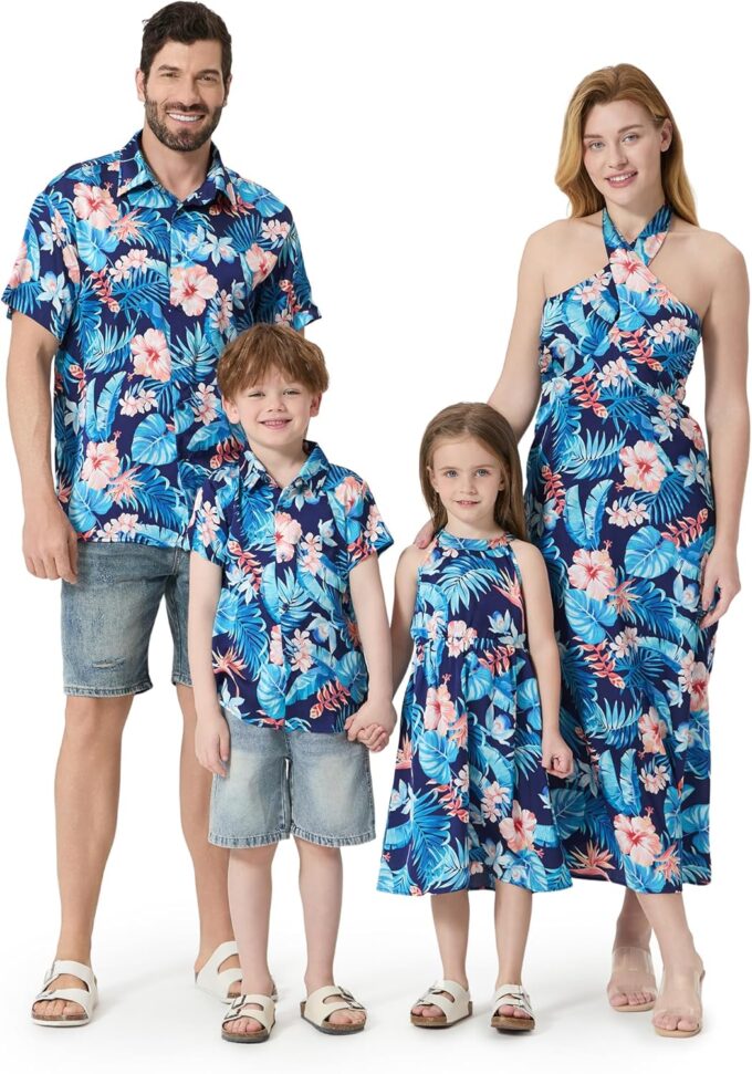 PATPAT Family Matching Summer Outfits, Hawaiian Vacation Women Beach Dress, Girls Sundress, Men and Boys Button Down Shirt