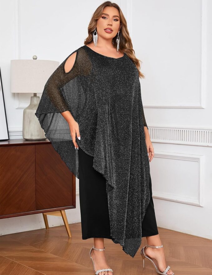 ZOMVA Plus Size Elegant Formal Dress Long Cape Overlay Wedding Guest Formal Cocktail Mother of Bride Outfit – Bild 5