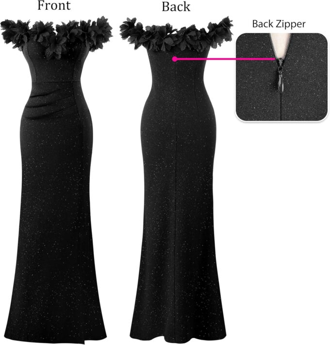 VFSHOW Womens Formal Prom Off Shoulder 3D Flowers Ruched Wedding Guest Maxi Dress 2024 Sexy High Slit Cocktail Evening Gown – Bild 4