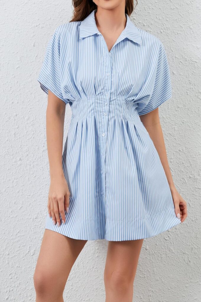 Womens Summer Short Sleeve Button Front Pleated Shirt Dress Striped Collar V Neck Casual Y2k Swing Short Mini Dress – Bild 5