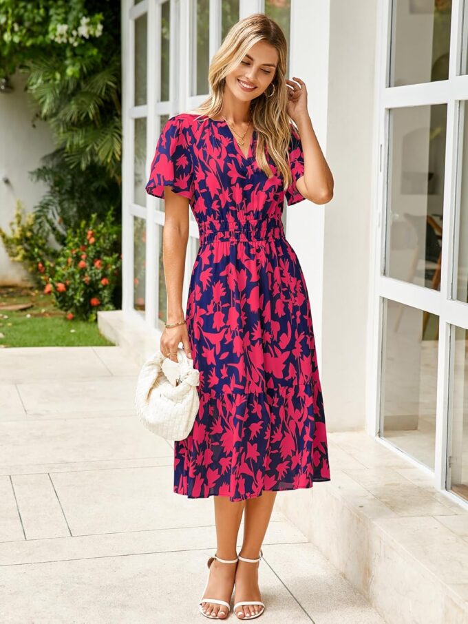 BerryGo Women's Floral Summer Short Sleeve Midi Dress V Neck Empire Waist Swing Flowy Boho Dress – Bild 2