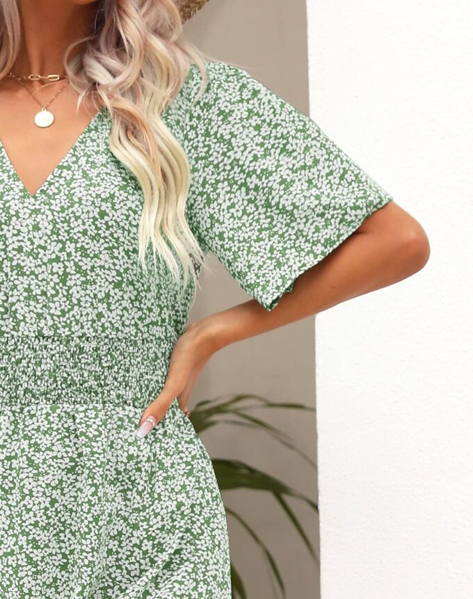 Kranda Women 2025 Summer Spring V Neck High Waist Short Sleeve Casual Long Boho Floral Swing Flowy Slit Beach Maxi Dress – Bild 8