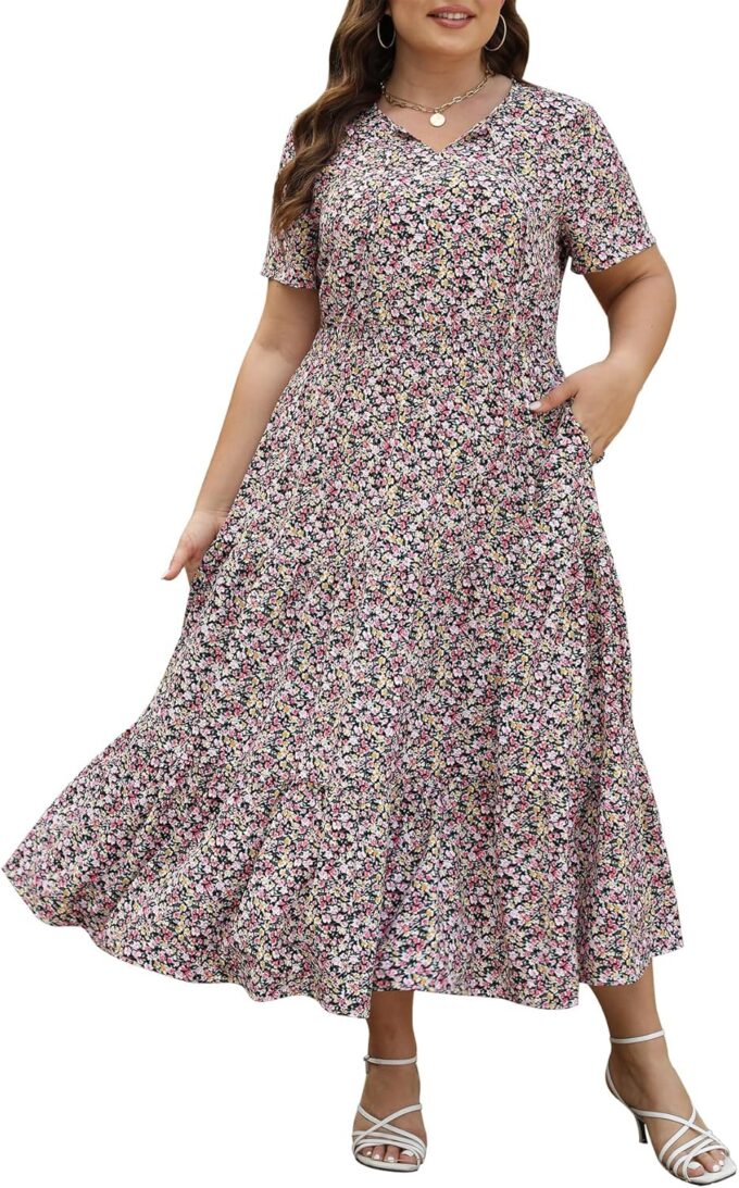 Keluummi Plus Size Summer Maxi Dresses for Curvy Women, Casual Floral Flowy Empire Waist Tiered A Line Dress with Pockets