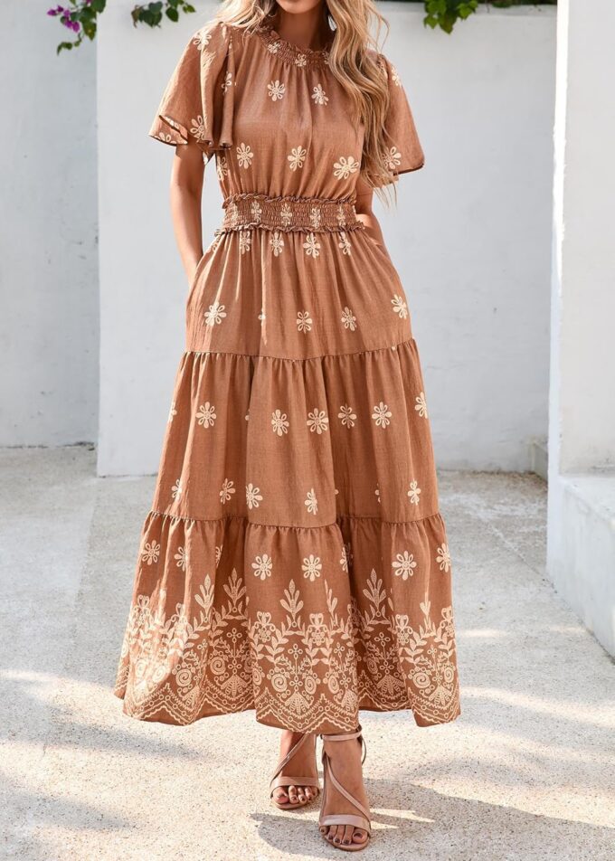 KIRUNDO Maxi Dresses for Women 2025 Floral Short Sleeve Spring Summer Smocked Waist Round Neck Flowy Beach Vacation Dress – Bild 3