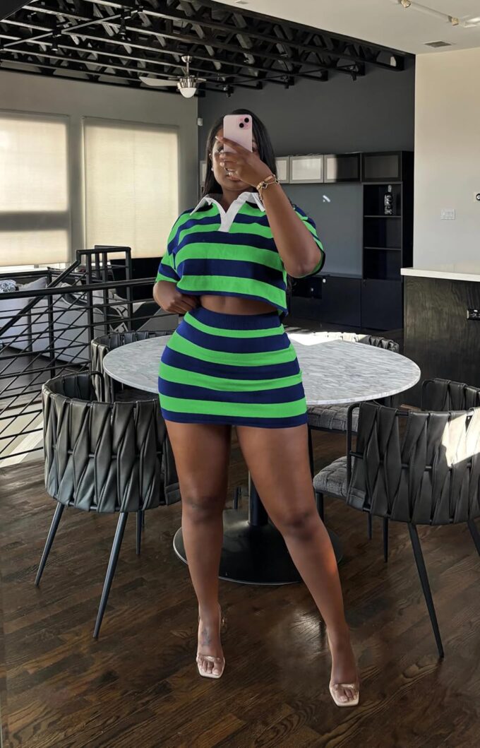 HBQ Women's Casual Two Piece Skirt Sets Polo Collar Crop Top Striped Mini Dress Summer Vacation – Bild 5