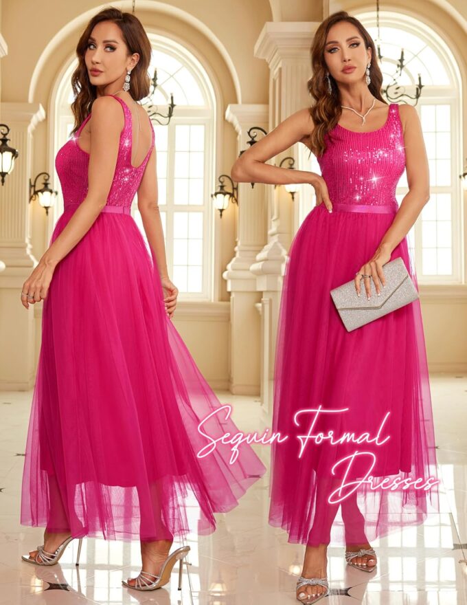 BeryLove Sequin Dress for Woman Vintage A Line Wedding Formal Swing Mesh Dress Sleeveless Cocktail Maxi Gowns – Bild 2