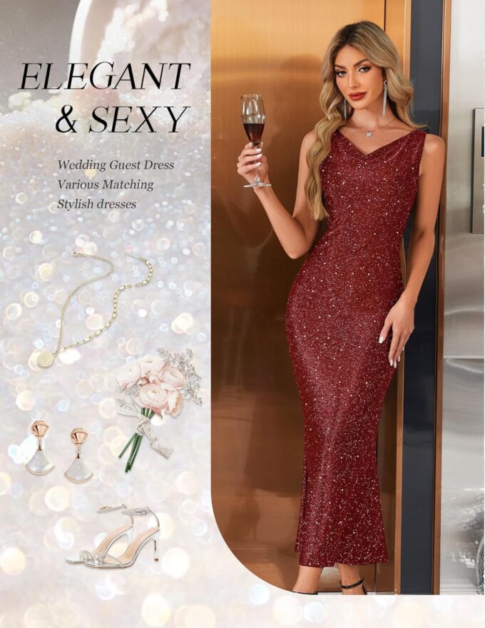 BeryLove Formal Sequin Wedding Guest Prom Cocktail Cowl Neck Bodycon Dresses – Bild 5