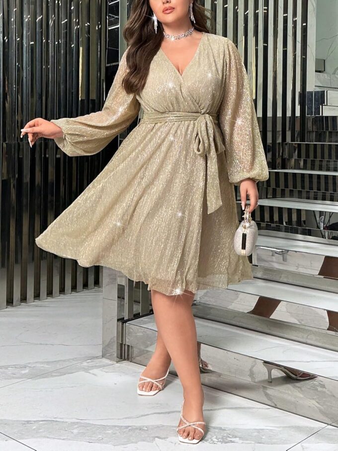 RED DOT BOUTIQUE 876 - Plus Size Elegant Sheer Sleeve Dress with Waist Sparkle Chiffon Mesh Cocktail Dress – Bild 2