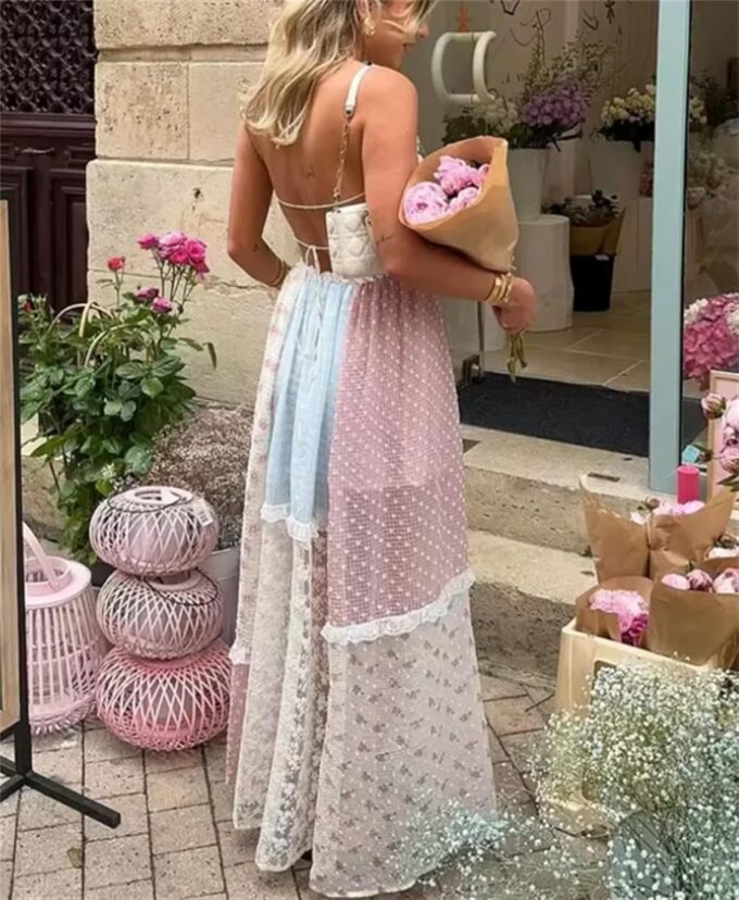 Women Boho Floral Smocked Maxi Dress Y2k Patchwork Lace Layered Long Beach Dress Casual Flowy Summer Sundress – Bild 5