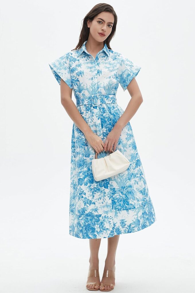D-Sun Women Button Down Shirt Dress V-Neck Floral Printed Short Sleeves Mid Shirt Dress Belt A-Line Party with Pockets – Bild 7