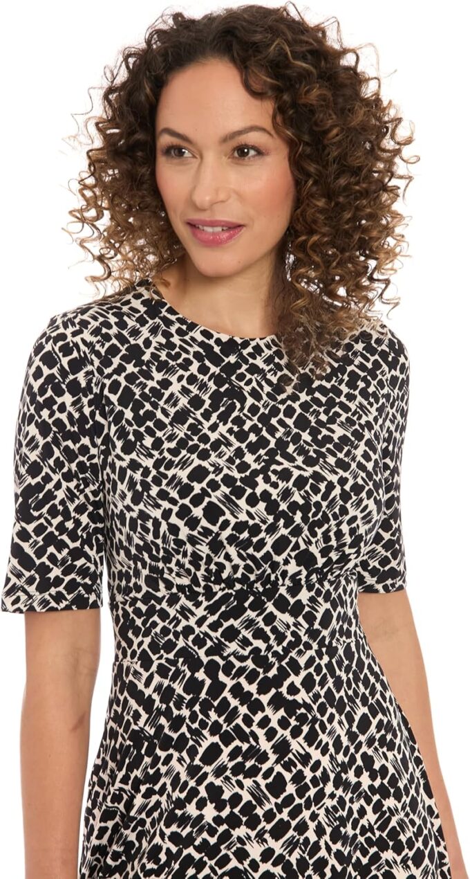 London Times Women's Geometric Print Fit and Flare Midi Dress-Elbow Sleeve Round Neck-Elegant Wedding Guest Attire – Bild 4