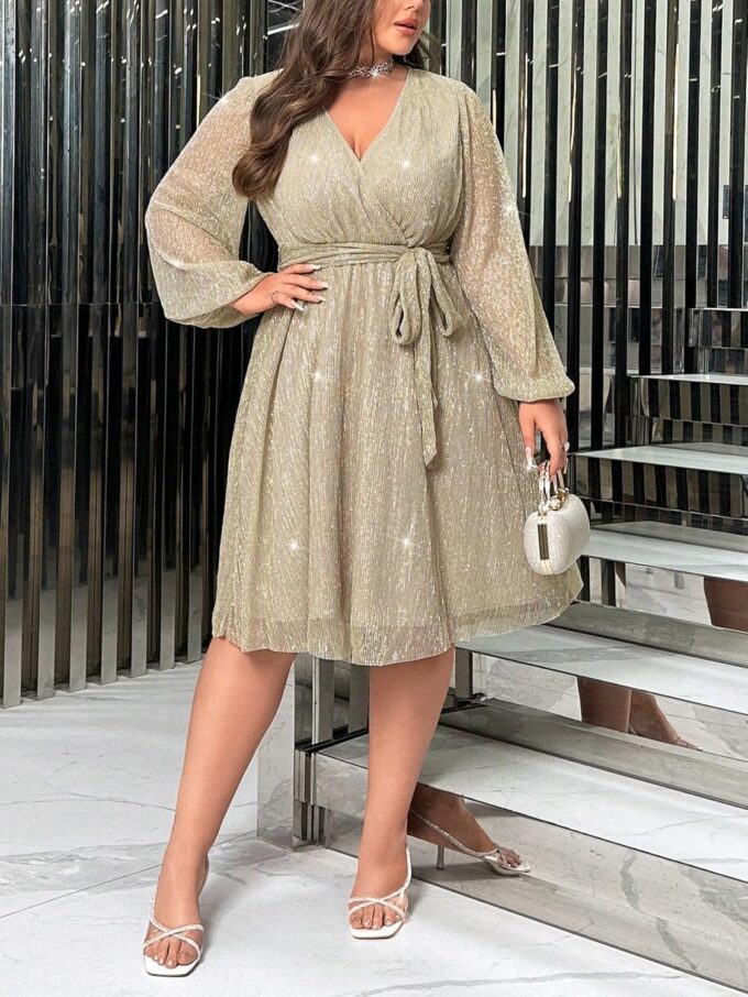 RED DOT BOUTIQUE 876 - Plus Size Elegant Sheer Sleeve Dress with Waist Sparkle Chiffon Mesh Cocktail Dress – Bild 3