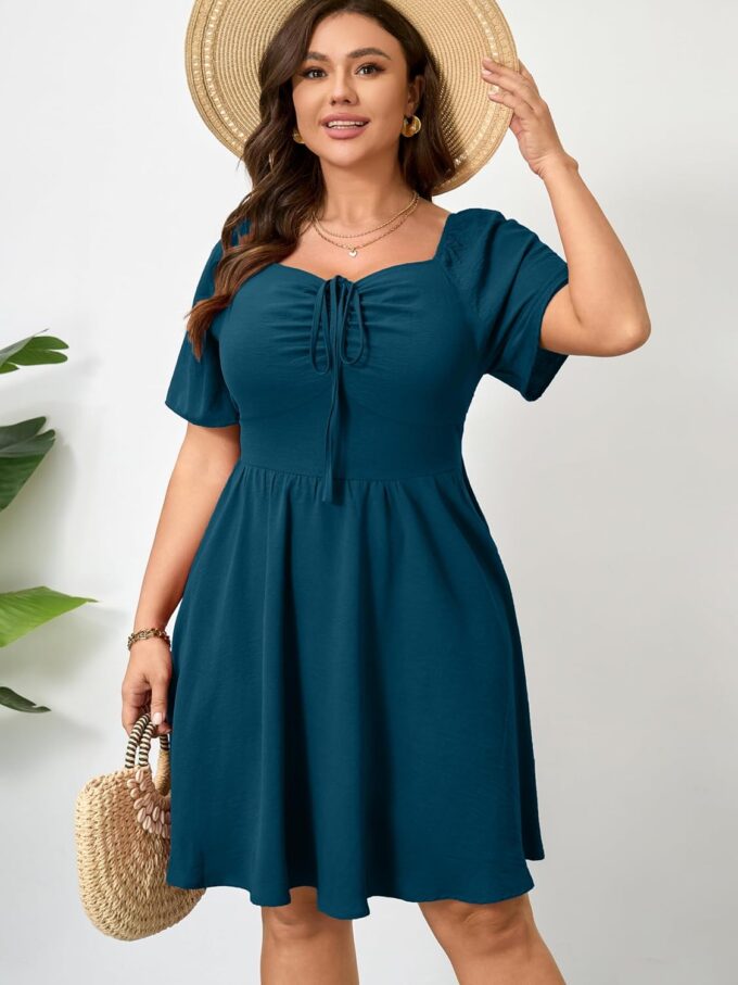 RWJ Women Plus Size Summer Dress Short Sleeve Tie Front Sweetheart Neck Wrap A-Line Casual Mini Wedding Guest Dresses 2025 – Bild 5