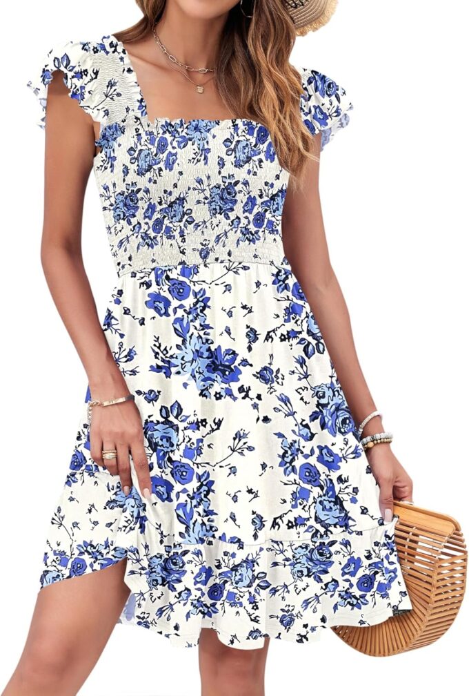 AUSELILY Women's Summer Dresses 2025 Casual Sleeveless Square Neck Smocked Ruffle Backless Short Flowy Beach Sundress